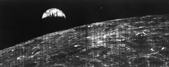 first spacecraft photo of earth from moon vicinity lunar orbiter I 1966