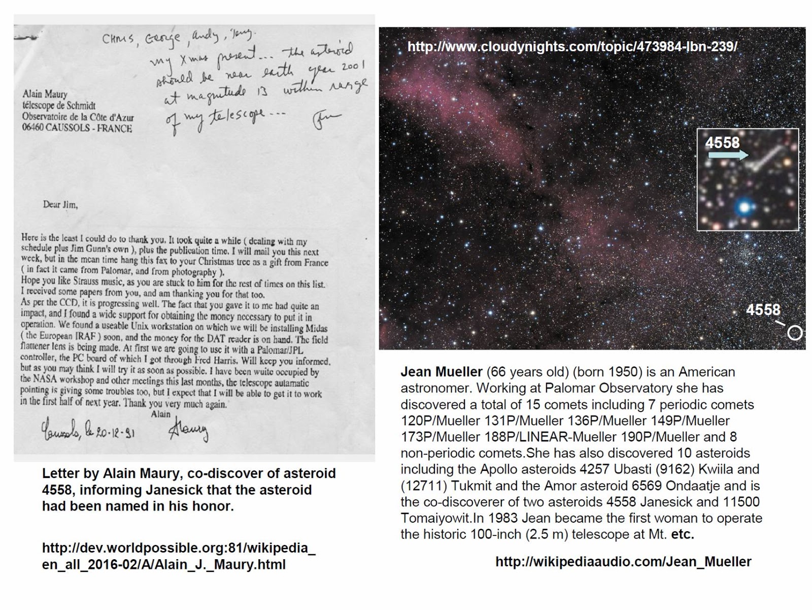 Jean Mueler of Palomar Observatlory names asteroid in honor of James Janesick